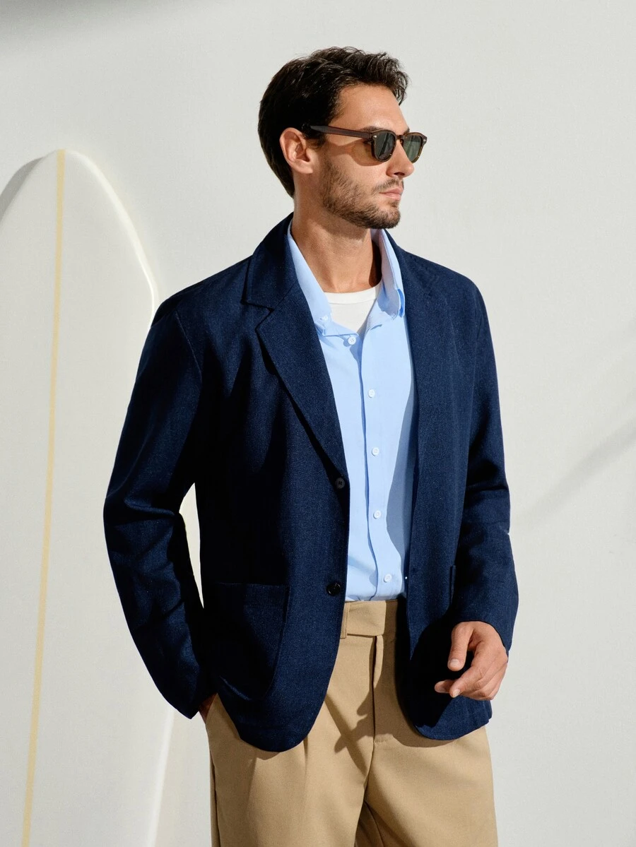 VeloEdit Blue Navy Men's Suit Blazer, Casual Commuter, Minimalist Daily Wear Top, Formal Old Money Summer Vacation Style Gift And - Navy Blue - View 1