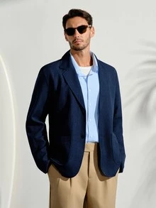 VeloEdit Blue Navy Men's Suit Blazer, Casual Commuter, Minimalist Daily Wear Top, Formal Old Money Summer Vacation Style Gift And - Navy Blue - View 4