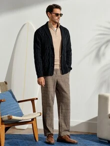 男士淺棕色格倫格紋西裝長褲，高腰休閒商務格紋褲，適合工作與秋冬穿著 - 朱古力 - 查看 2