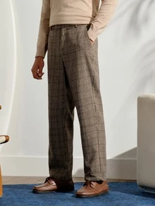 男士淺棕色格倫格紋西裝長褲，高腰休閒商務格紋褲，適合工作與秋冬穿著 - 朱古力 - 查看 4