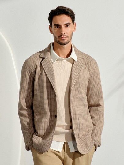 VeloEdit Men's Old Money Style Houndstooth Loose Fit Blazer, Brown Tone Blended Fabric Lapel Pocket Light Business Casual Jacket