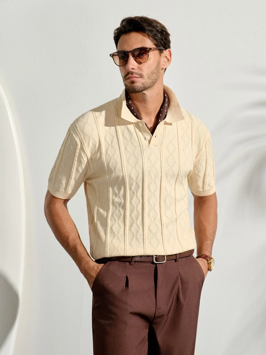 VeloEdit Men's Geometric Textured Short Sleeve Casual Knit TopFall Winter - Beige - View 1
