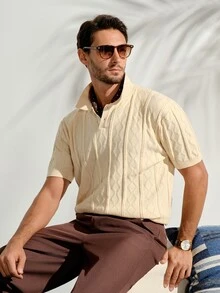 VeloEdit Men's Geometric Textured Short Sleeve Casual Knit TopFall Winter - Beige - View 7