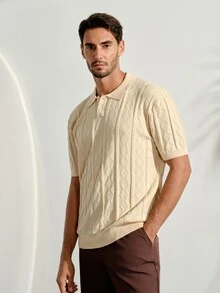 VeloEdit Men's Geometric Textured Short Sleeve Casual Knit TopFall Winter - Beige - View 6