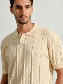 VeloEdit Men's Geometric Textured Short Sleeve Casual Knit TopFall Winter - Beige - View 8