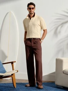 VeloEdit Men's Geometric Textured Short Sleeve Casual Knit TopFall Winter - Beige - View 2