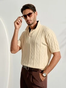 VeloEdit Men's Geometric Textured Short Sleeve Casual Knit TopFall Winter - Beige - View 4