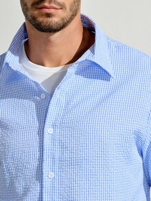 男士格紋單排扣襯衫，成熟休閒時尚修身款，秋冬正式長袖 - 藍白色 - 查看 8
