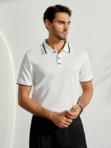 男士休閒極簡老錢風 Polo 衫，經典撞色設計賦予產品持久的視覺吸引力，適合外出，秋冬穿著 - 白色 - 查看 6