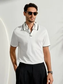 男士休閒極簡老錢風 Polo 衫，經典撞色設計賦予產品持久的視覺吸引力，適合外出，秋冬穿著 - 白色 - 查看 1