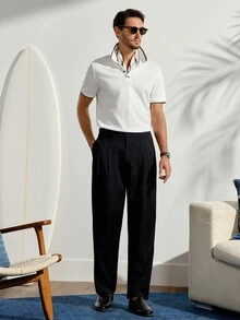 男士休閒極簡老錢風 Polo 衫，經典撞色設計賦予產品持久的視覺吸引力，適合外出，秋冬穿著 - 白色 - 查看 8