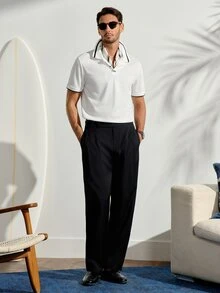 男士休閒極簡老錢風 Polo 衫，經典撞色設計賦予產品持久的視覺吸引力，適合外出，秋冬穿著 - 白色 - 查看 2