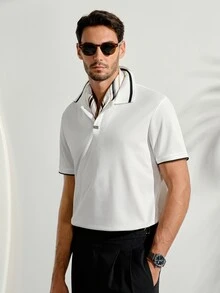 男士休閒極簡老錢風 Polo 衫，經典撞色設計賦予產品持久的視覺吸引力，適合外出，秋冬穿著 - 白色 - 查看 4