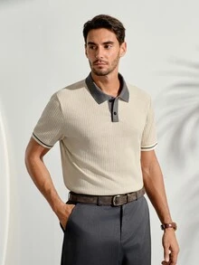 VeloEdit 經典羅紋修身男士針織 Polo 衫，黑白對比色領口，夏季男士 Polo 襯衫 - 杏色 - 查看 4