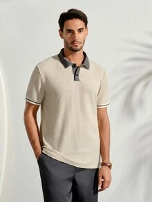 VeloEdit 經典羅紋修身男士針織 Polo 衫，黑白對比色領口，夏季男士 Polo 襯衫 - 杏色 - 查看 5