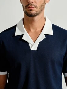 VeloEdit Men's Summer Casual Colorblock Patchwork Polo Shirt - Navy Blue - View 7