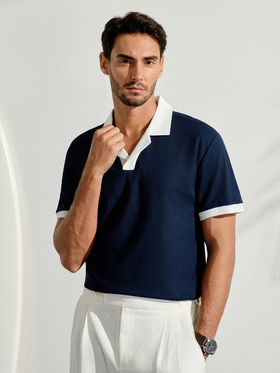 VeloEdit Men's Summer Casual Colorblock Patchwork Polo Shirt - Navy Blue - View 1