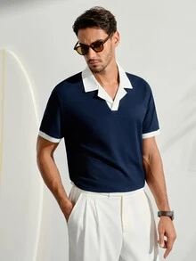 VeloEdit Men's Summer Casual Colorblock Patchwork Polo Shirt - Navy Blue - View 4