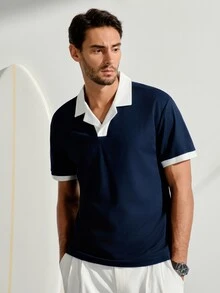 VeloEdit Men's Summer Casual Colorblock Patchwork Polo Shirt - Navy Blue - View 5
