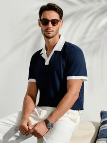 VeloEdit Men's Summer Casual Colorblock Patchwork Polo Shirt - Navy Blue - View 6