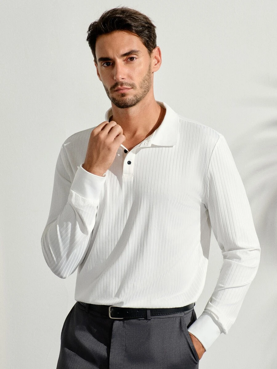 VeloEdit Men's Casual Solid Color Ribbed Long Sleeve Polo Shirt, Spring, FormalFall Winter - White - View 1