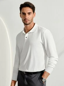 VeloEdit Men's Casual Solid Color Ribbed Long Sleeve Polo Shirt, Spring, FormalFall Winter - White - View 2