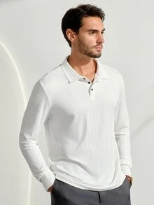 VeloEdit Men's Casual Solid Color Ribbed Long Sleeve Polo Shirt, Spring, FormalFall Winter - White - View 5