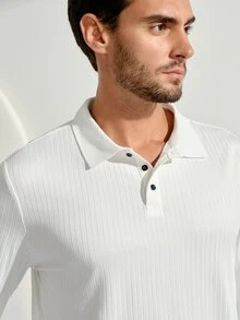 VeloEdit Men's Casual Solid Color Ribbed Long Sleeve Polo Shirt, Spring, FormalFall Winter - White - View 6