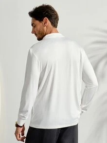 VeloEdit Men's Casual Solid Color Ribbed Long Sleeve Polo Shirt, Spring, FormalFall Winter - White - View 4