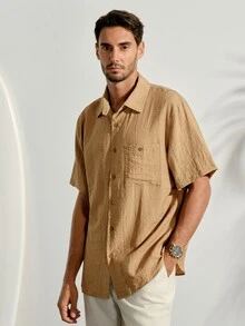VeloEdit Drapey Wrinkle-Resistant Solid Color Short Sleeve Shirt Men's Vintage Slouchy Lapel Collar Casual Versatile Top - Khaki - View 6