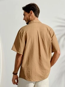 VeloEdit Drapey Wrinkle-Resistant Solid Color Short Sleeve Shirt Men's Vintage Slouchy Lapel Collar Casual Versatile Top - Khaki - View 3