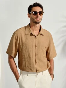 VeloEdit Drapey Wrinkle-Resistant Solid Color Short Sleeve Shirt Men's Vintage Slouchy Lapel Collar Casual Versatile Top - Khaki - View 1