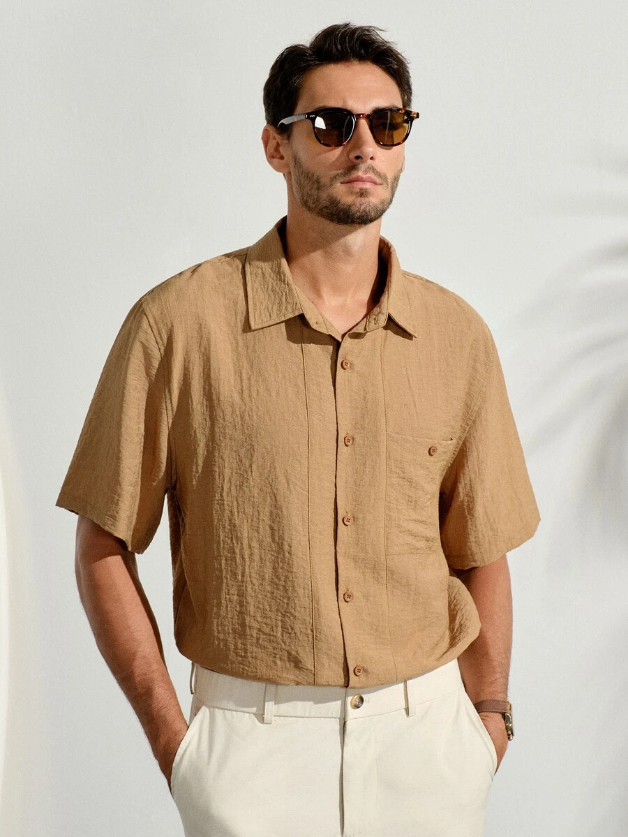 VeloEdit Drapey Wrinkle-Resistant Solid Color Short Sleeve Shirt Men's Vintage Slouchy Lapel Collar Casual Versatile Top - Khaki - View 1