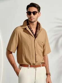 VeloEdit Drapey Wrinkle-Resistant Solid Color Short Sleeve Shirt Men's Vintage Slouchy Lapel Collar Casual Versatile Top - Khaki - View 4