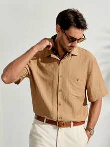 VeloEdit Drapey Wrinkle-Resistant Solid Color Short Sleeve Shirt Men's Vintage Slouchy Lapel Collar Casual Versatile Top - Khaki - View 5