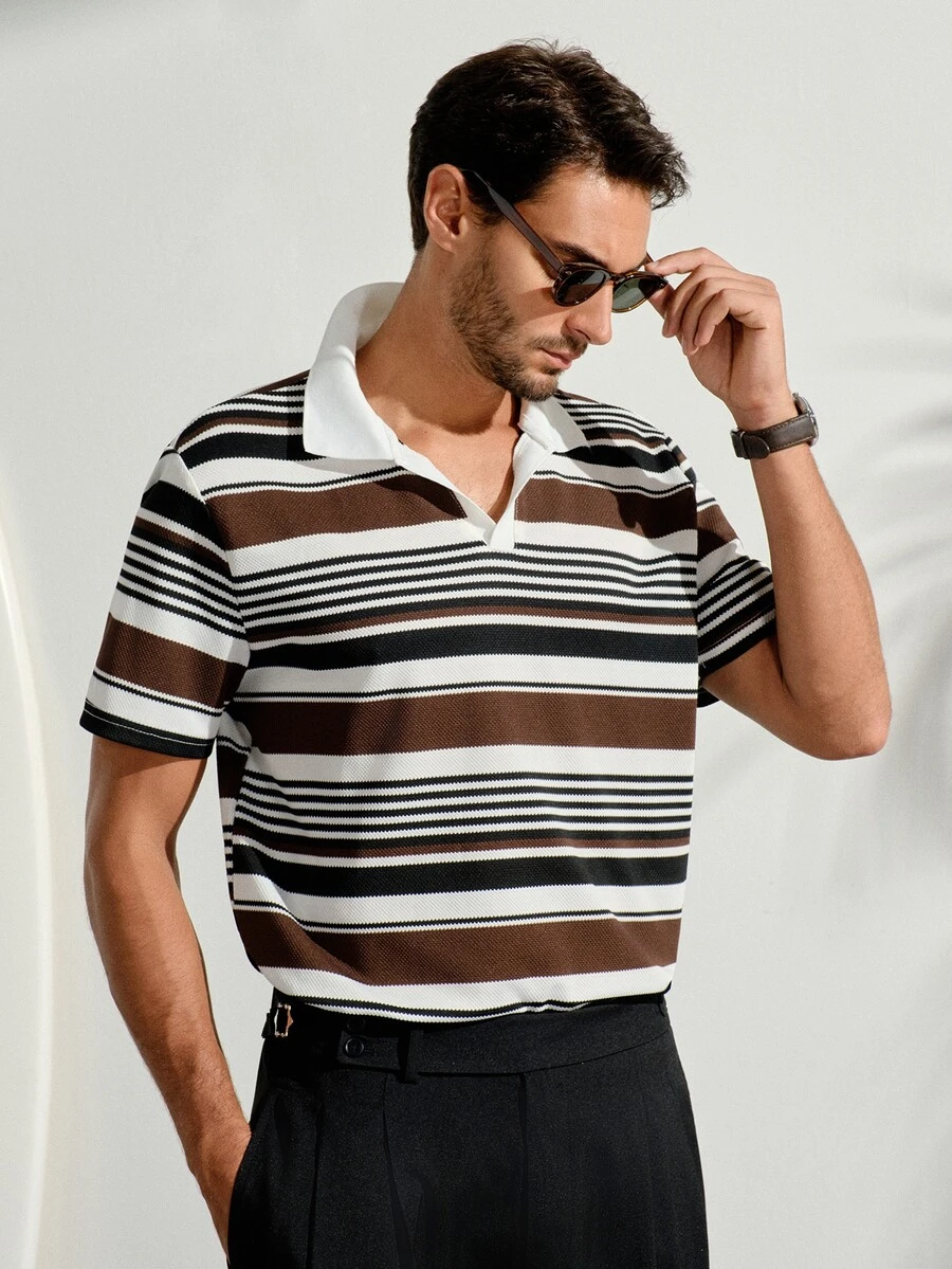 VeloEdit Men's Casual Business Striped Color Block Short Sleeve Polo Shirt For Office, Ceremony - Multicolor - View 1