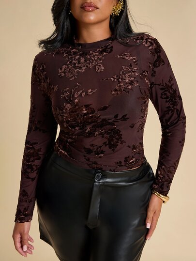 SHEIN BAE CURVE Top Taglia Grande Rosso-Viola Girocollo Floccato