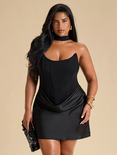 SHEIN BAE CURVE Plus Size Women Black Satin Patchwork Mini Ribbon Dress, Elegant Sexy Dress