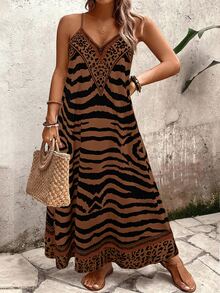 SHEIN LUNE CURVE Plus Size Women Leopard Print Loose Maxi Slip Dress For Summer - Chocolate Brown - View 5