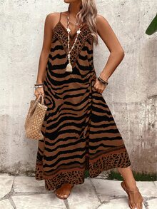SHEIN LUNE CURVE Plus Size Women Leopard Print Loose Maxi Slip Dress For Summer - Chocolate Brown - View 4