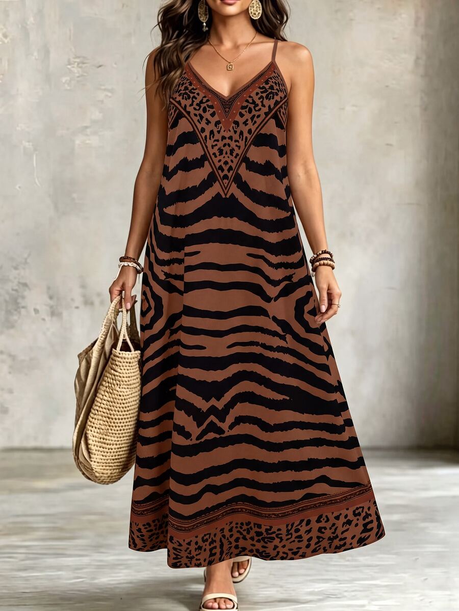 SHEIN LUNE CURVE Plus Size Women Leopard Print Loose Maxi Slip Dress For Summer - Chocolate Brown - View 1