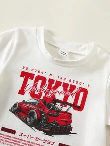 SHEIN 2件組男嬰街頭風可愛百搭針織汽車印花T恤與牛仔短褲套裝，背心套裝，牛仔套裝，賽車套裝，適合春夏秋季 - 彩色 - 查看 6
