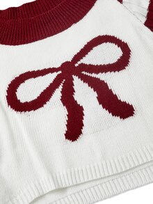 Sweetness Women's Autumn/Winter Cropped Bell Sleeve Red & White Striped Bowknot Round Neck Sweater, Christmas - Multicolor - View 3