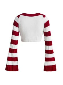 Sweetness Women's Autumn/Winter Cropped Bell Sleeve Red & White Striped Bowknot Round Neck Sweater, Christmas - Multicolor - View 2