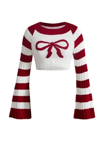 Sweetness Women's Autumn/Winter Cropped Bell Sleeve Red & White Striped Bowknot Round Neck Sweater, Christmas - Multicolor - View 1