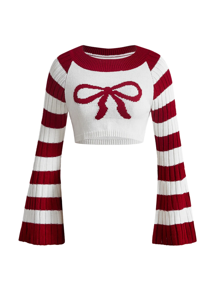 Sweetness Women's Autumn/Winter Cropped Bell Sleeve Red & White Striped Bowknot Round Neck Sweater, Christmas - Multicolor - View 1