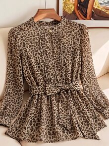 SHEIN Clasi 女款波點印花綁帶領長袖襯衫，適合通勤與日常穿著 - 彩色 - 查看 4