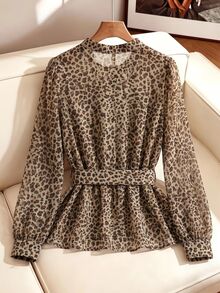 SHEIN Clasi 女款波點印花綁帶領長袖襯衫，適合通勤與日常穿著 - 彩色 - 查看 2