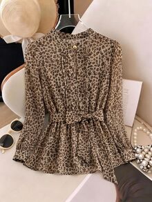 SHEIN Clasi 女款波點印花綁帶領長袖襯衫，適合通勤與日常穿著 - 彩色 - 查看 6