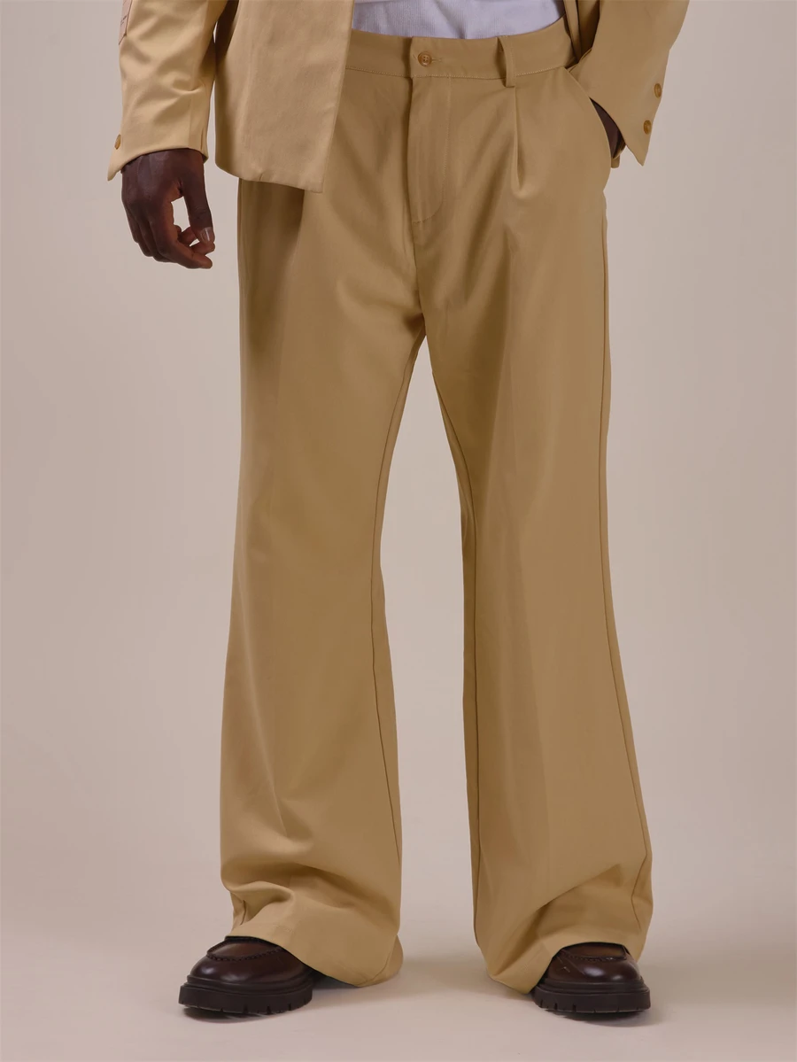 Musero Oversized Loose Fitting Tailored Trousers Front Pleat Detail Flared Fit Spring Summer Essentials Co Ord Trousers Only - Khaki - View 1